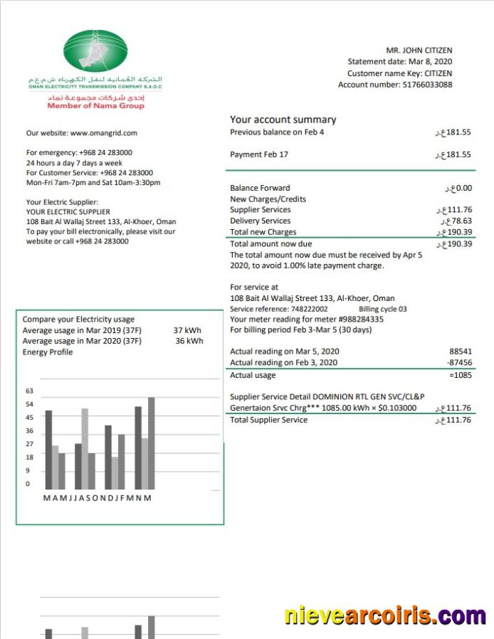 Oman Electricity Transmission Company electricity utility bill
